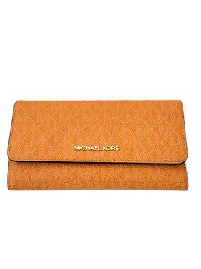 Michael Kors Jet Set Travel Large Trifold Wallet Clutch Rad Orange MK Logo